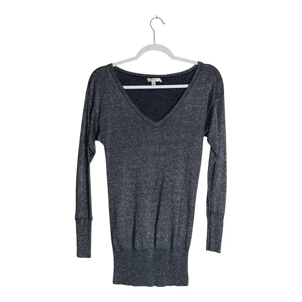 Cache Womens Y2K Metallic Knit V-Neck Sweater Navy Blue Shimmer Party Glam Sz S